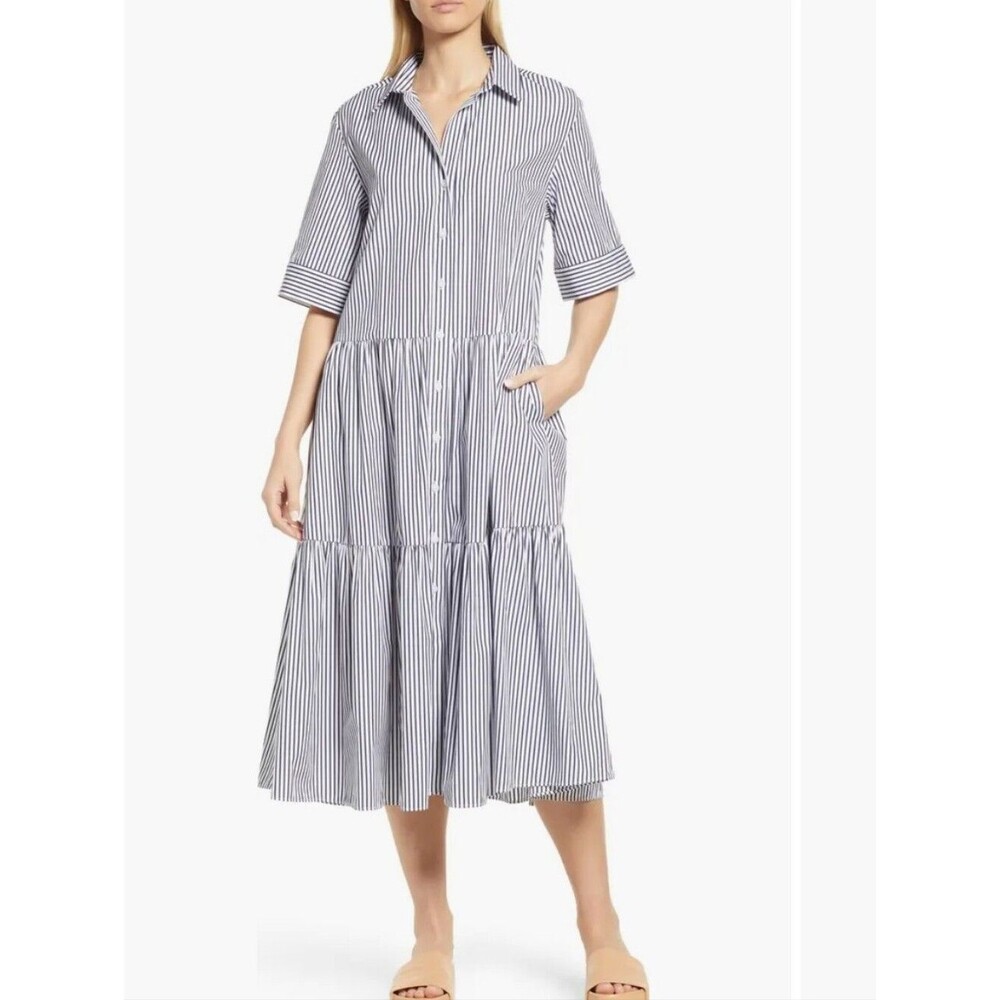 Nordstrom Tiered Shirtdress Navy and White Striped Button-Front Midi Dress M Med